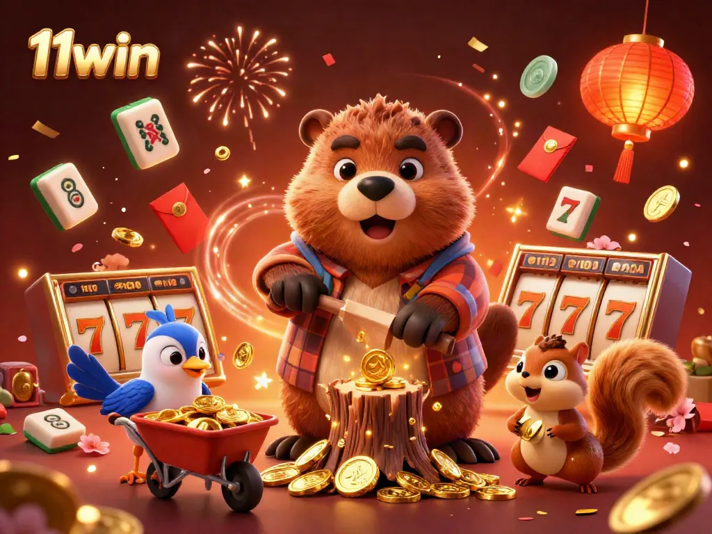 Experience thrilling gameplay with 11win's vibrant casino scene featuring joyful characters and hidden treasures.