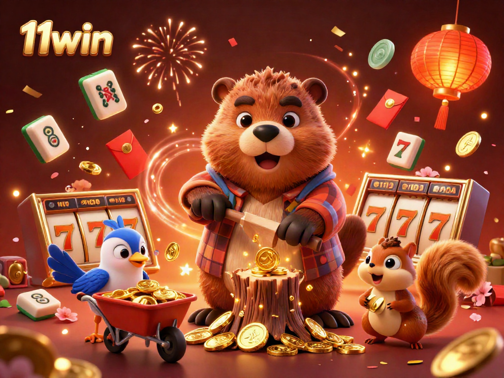 Experience thrilling gameplay with 11win's vibrant casino scene featuring joyful characters and hidden treasures.