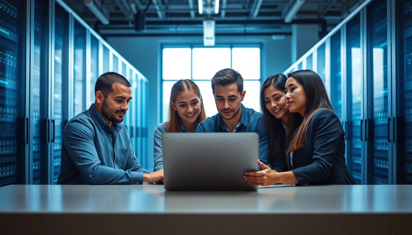Collaborative team discussing adult web hosting in a modern server room.