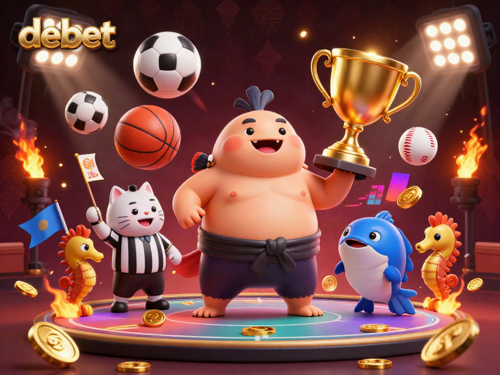 Engage with exciting bets at debet featuring a dynamic underwater sports scene with fugu and catfish referees amid gold coins and trophies.