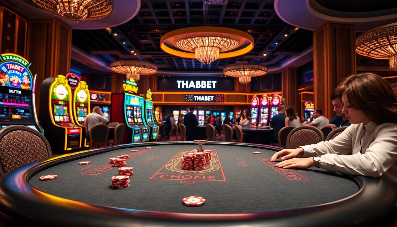 Exciting gambling action at THABET with vibrant slot machines and live gaming tables.