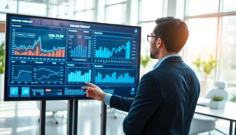 Visual representation of demand forecasting with an analyst reviewing data on digital screens.
