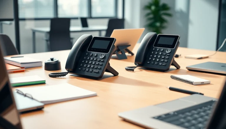 Showcasing modern business phone systems and accessories in a sleek office environment.