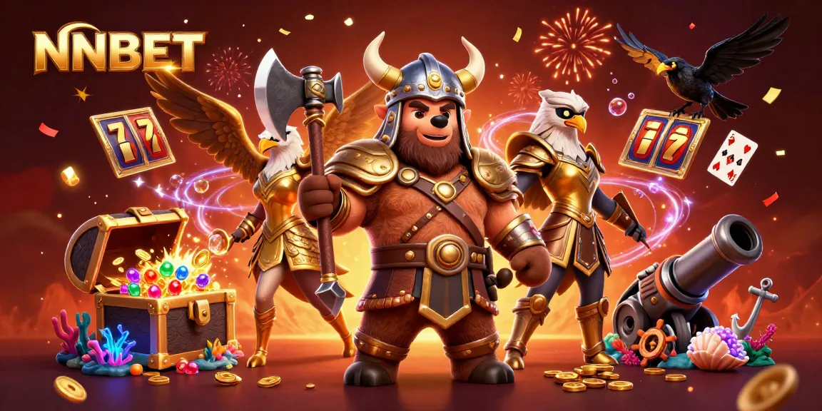 NNBET illustrates a vibrant casino scene with a Viking, Valkyrie, and gold treasures in a packed environment.