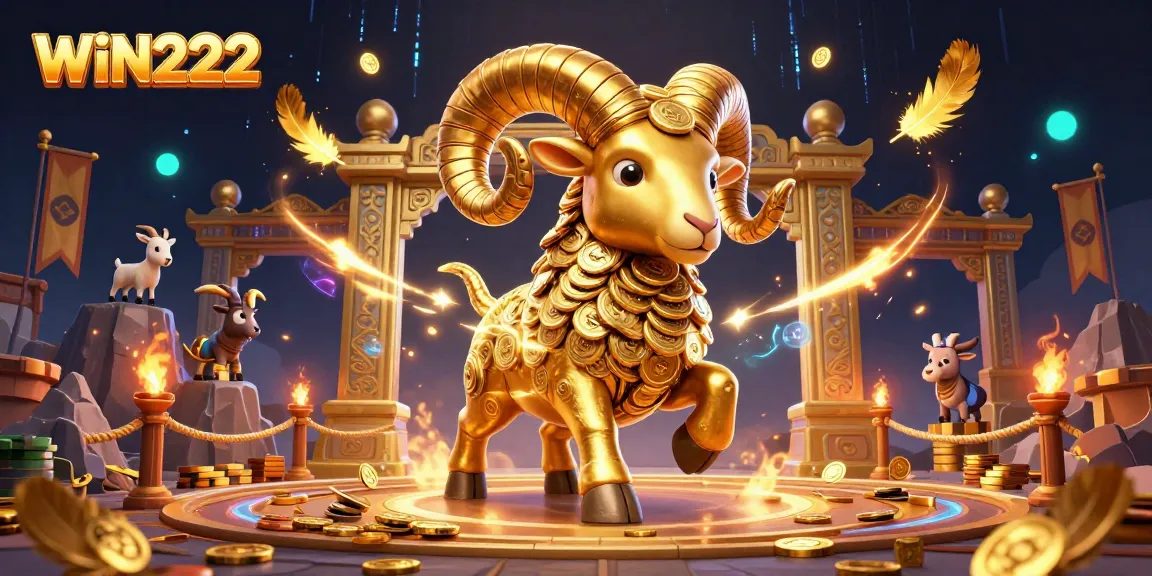 WIN222 draws in players with an exciting 3D scene of a golden ram charging through a vibrant casino.