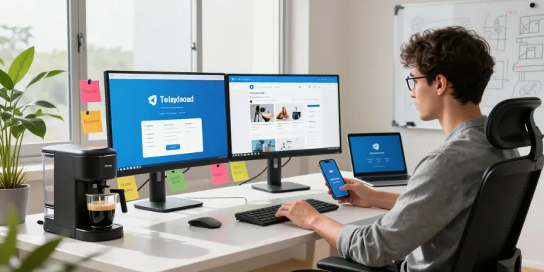 Explore effortless Telegram download process in a modern tech workspace with multiple screens and productivity tools.