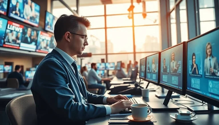 Capture news updates with a dedicated journalist typing in a bustling newsroom.