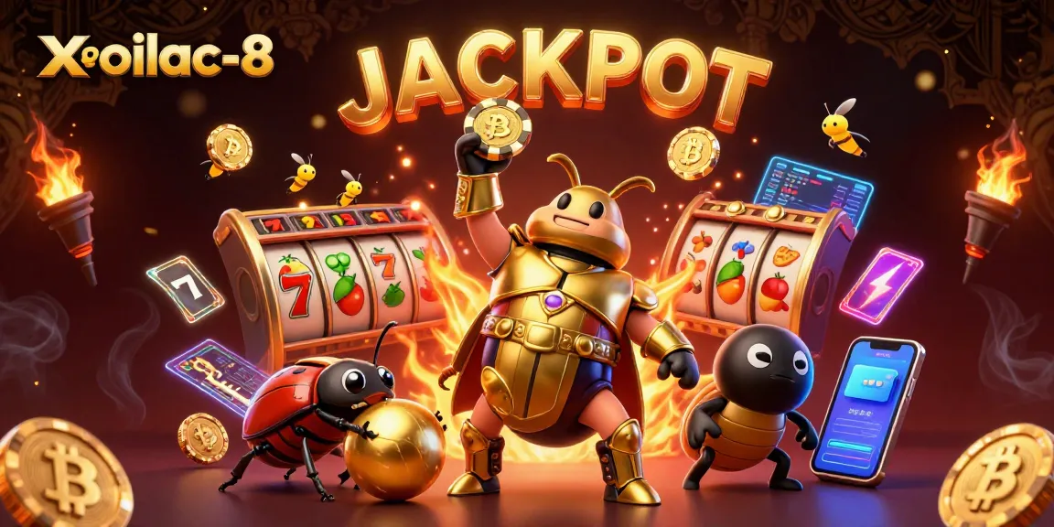 Experience the excitement of gambling with xoilac-8 in a vibrant 3D illustration featuring a triumphant beetle and jackpot symbols.