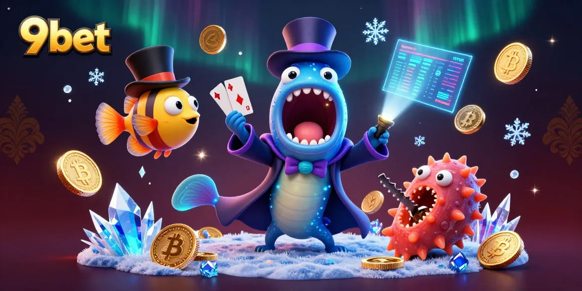 Experience 9bet's vibrant gambling scene with a magician eel and crypto elements.