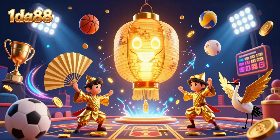 Engage with 1da88 in this vibrant casino illustration showcasing a golden lantern spirit and thrilling sports elements.