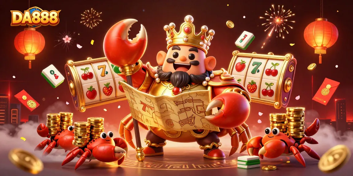 Experience the vibrant energy of DA888 with a golden crab emperor among slot reels and festive elements.