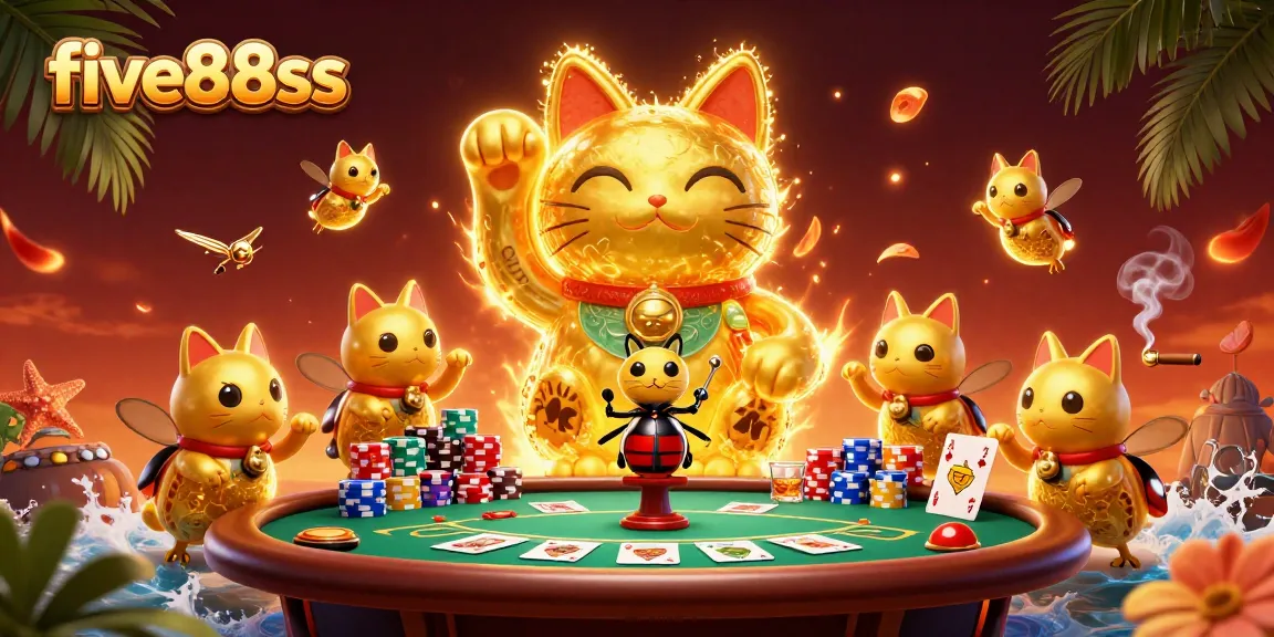Experience the excitement at five88sss with a vibrant, interactive casino scene featuring a lucky cat.