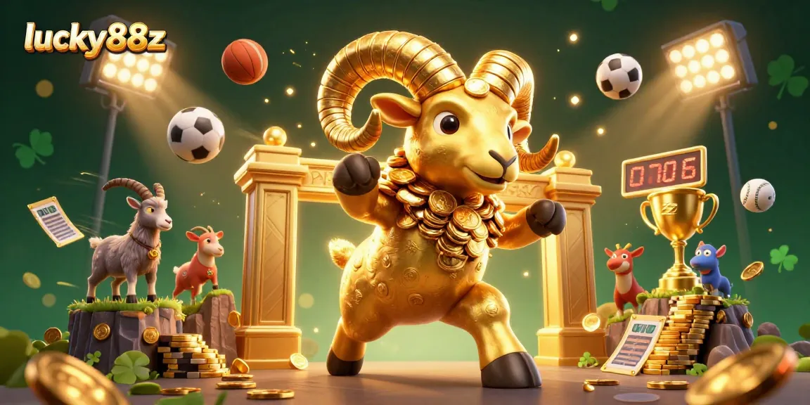 Engage with lucky88z's dynamic scene of a golden ram charging at a casino gate, surrounded by sports elements.