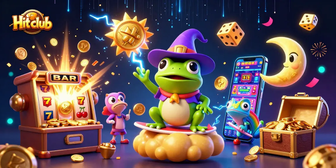 Hit club showcases a vibrant scene of a wizard frog and chameleon amidst golden casino elements.