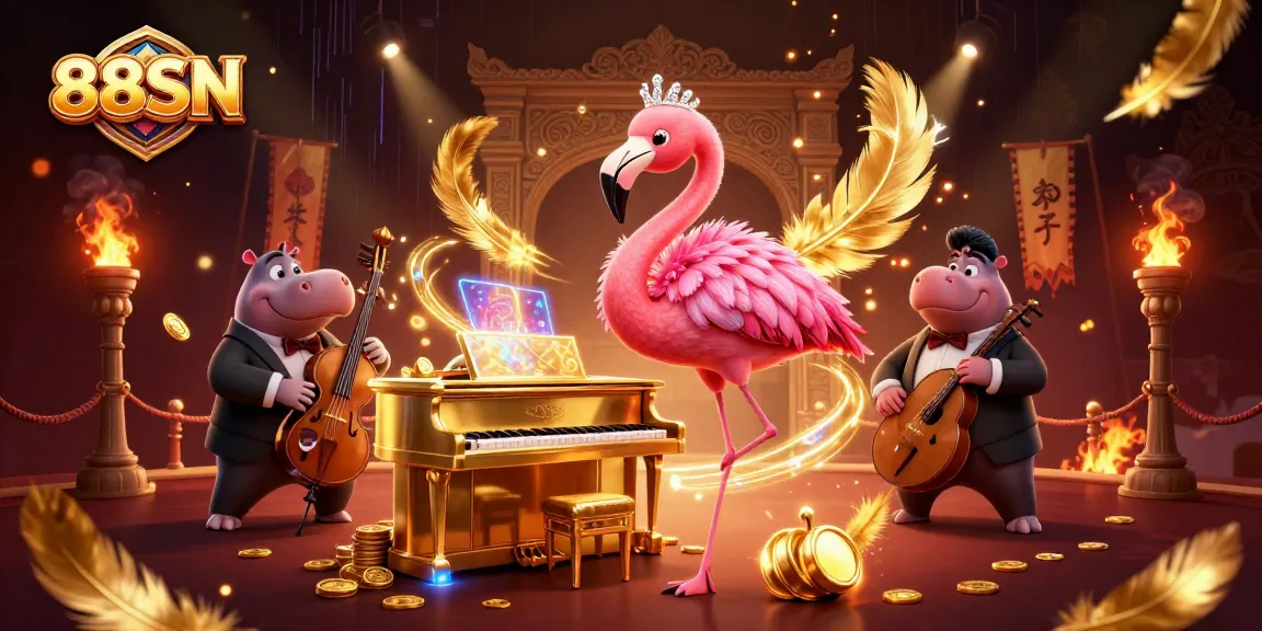 Experience winning with vibrant 88SN casino gaming featuring a glamorous flamingo singer and a hippo bassist.