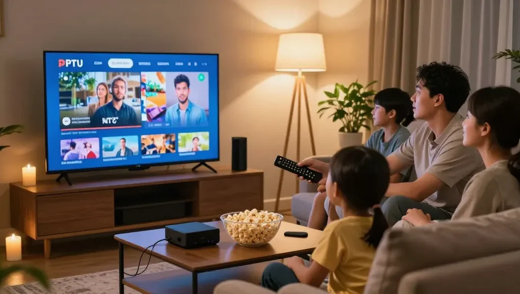 Família assistindo IPTV na sala de estar confortavelmente decorada.
