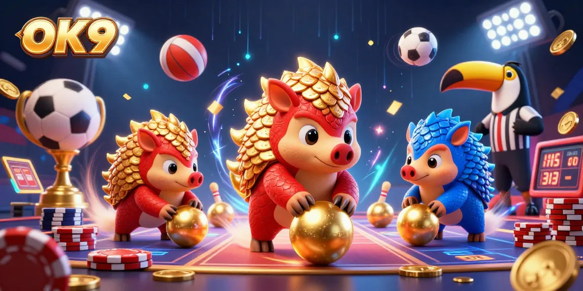 OK9 pangolins compete while rolling golden balls in a vibrant casino scene.