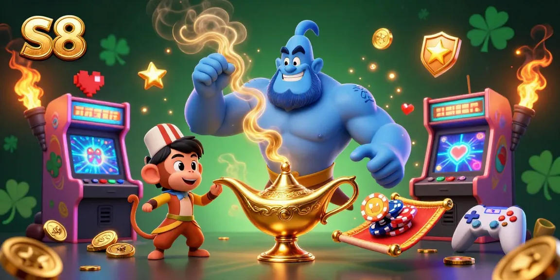 S8 casino scene with a blue genie, monkey, and magic carpet amidst vibrant gaming elements and gold accents.