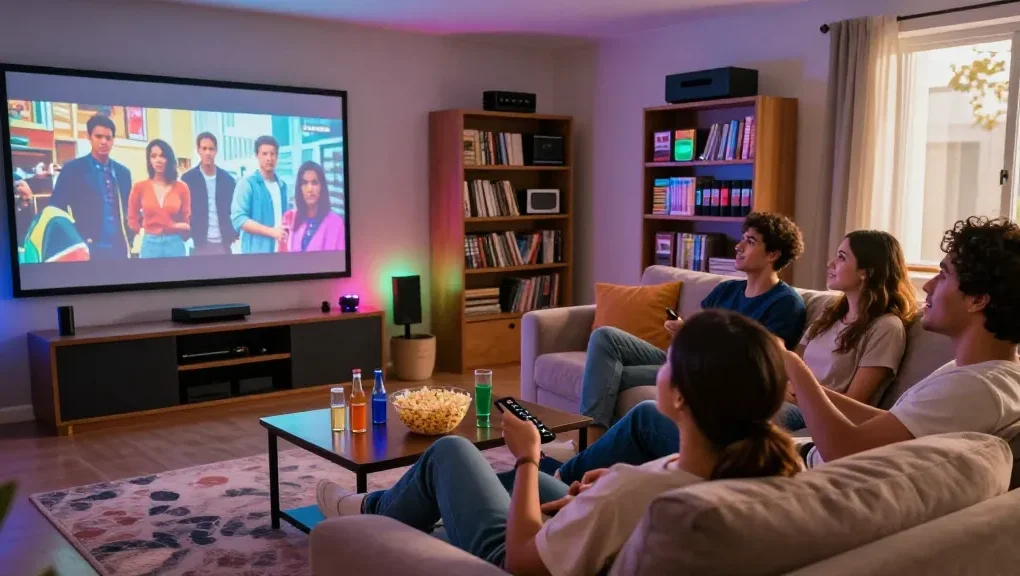 Grupo de amigos assistindo ao melhor do entretenimento com bestbraziliptv em casa.