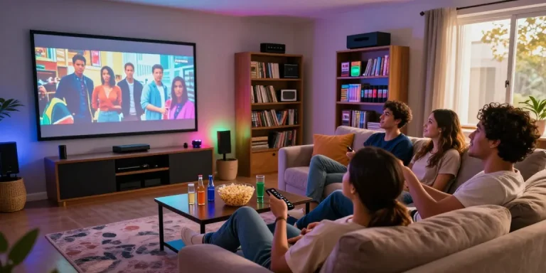 Grupo de amigos assistindo ao melhor do entretenimento com bestbraziliptv em casa.